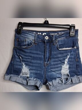 High-Rise Distressed Denim Shorts - Blue